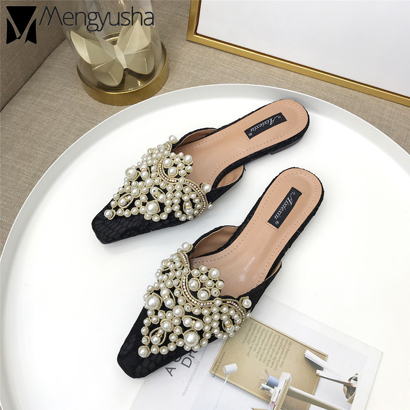 Mujer Pantuflas Quality Sweet Lace Babouche Femme Brand Pearl New Beading Mules Women Shoes Square Slip On Flat Slippers Crystal Pers