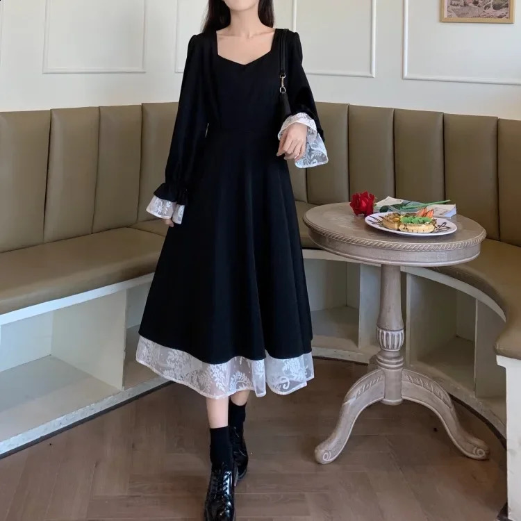 Strap waist loose long sleeved womens long skirt retro autumn Y2k black lace party vest De Mujer 240902 - view 3