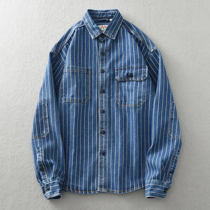 Mcikkny Men Striped Casual Denim Shirts Washed Long Sleeves Button Up Blouse Spring Autumn 240902