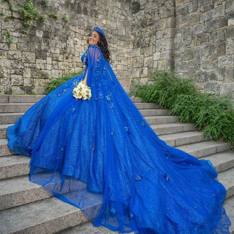 Mexican Royal Blue 2024 Quinceanera Dresses Sequin Applique Lace Beads Tull Sweet 16 Ball Gown With Cape Corset Vestidos De 15 Anos