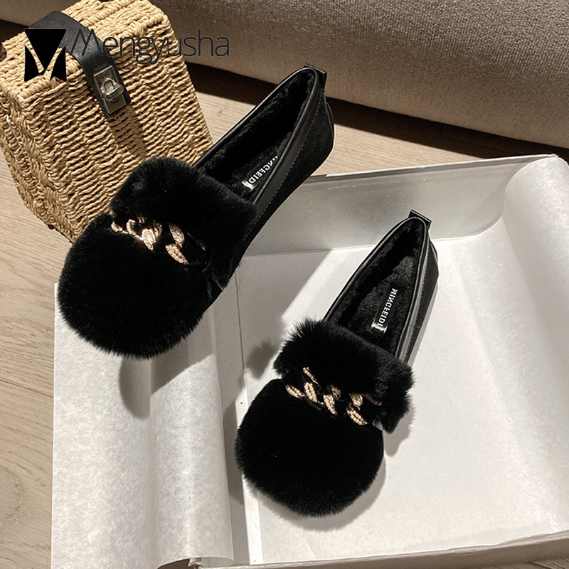 Cotton Plush Woman 70472 Rabbit Fur Flats Big Size Pregnant Comfy Loafers Ladies Crystal Chains Moccasins Fleeces Snow Shoes