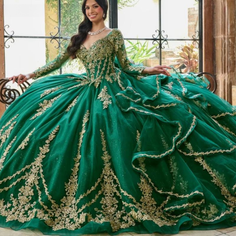 Glitter Green Quinceanera Dresses Ball Gown Gold Lace Applique Beading Tull Detachable Sleeve Sweet 16 Dress Vestido De 15 Anos