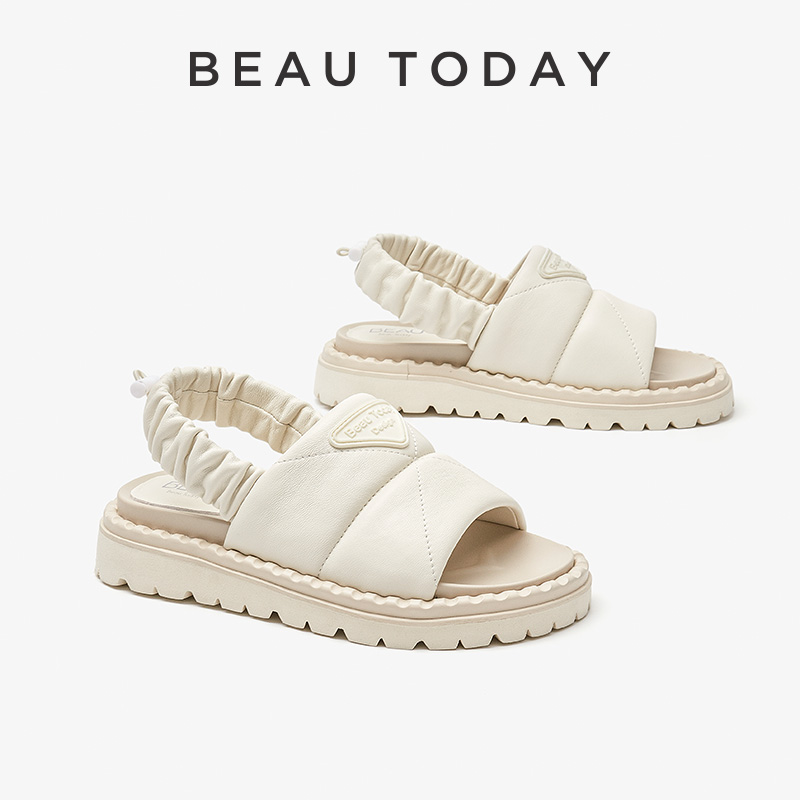 Leisure BEAUTODAY Sandals Women Genuine Leather Elastic New Band Back Strap Solid Flat Heel Beach Summer Ladies Shoes Handmade 34534 36f1