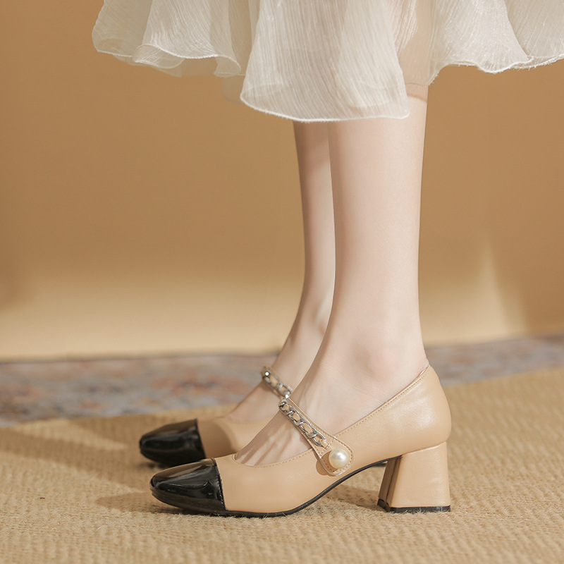 2023 Black&White Mary Janes Woman Patchwork Pumps 5cm High Heels Shoes Ladies Luxury Chain Belt Tacones Femme Office Dress Shoes