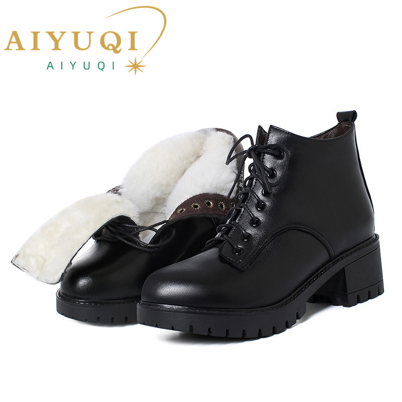 AIYUQI Marton Women Boots Genuine Leather Winter Wool Warm Women Snow Boots British Style Lace Up Chunky Short Boots Women