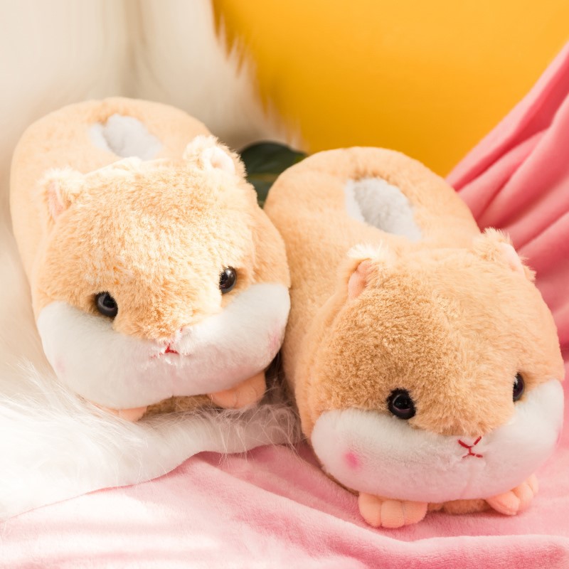 Cute Cartoon Hamster Design House Women Fur Slippers Gray Pink Brown Winter Warm Ladies Plush Shoes Onesize Fluffy Girls Slides 589