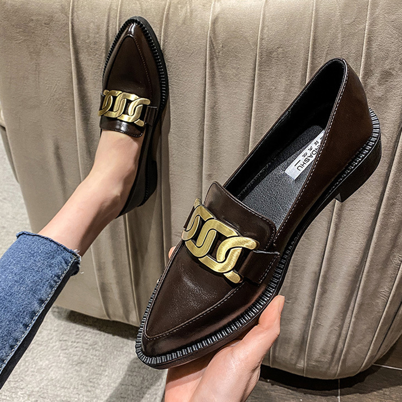 Brand Metal Chain Oxfords Shoes Women 2023 Loafers Soft Leather Flats Ladies Pointed Toe Small Heels Moccasins Big Size Sneakers