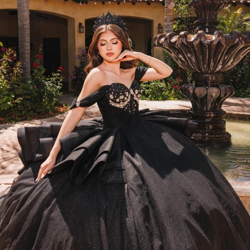 Mexican Black Shiny Sweetheart Quinceanera Dress Ball Gown Beaded Crystal Tiered Tull Corset Sweet 16 Vestido De 15 Anos