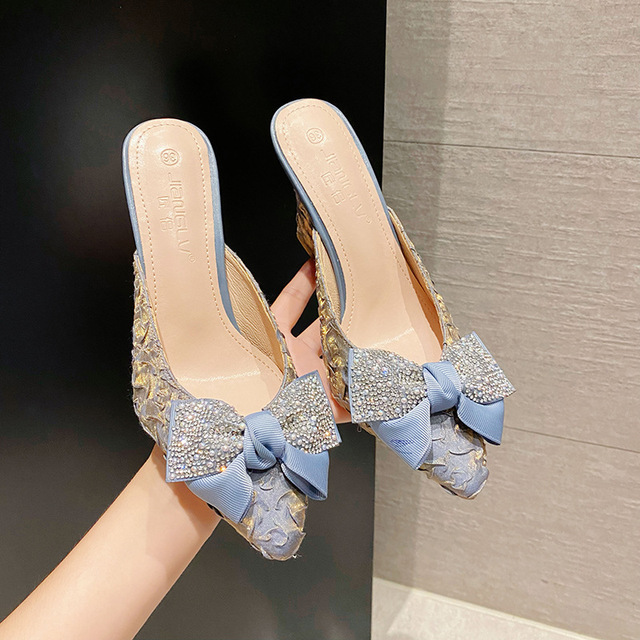 Toe Pointed Coloful beading bow slippers women high heels outdoor slides feast shoes pleated silk blue mules female sandalias ef0