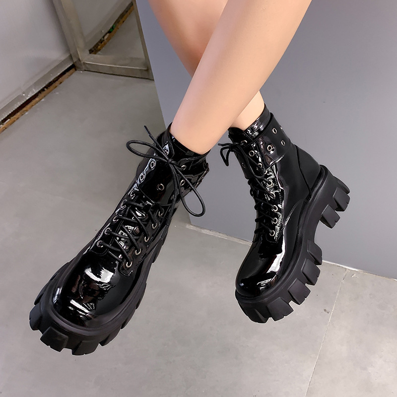 Women Designer Chunky Winter Shoes PU Leather Ankle Black Female Boots Fashion Platform Motorcycle Booties 8594