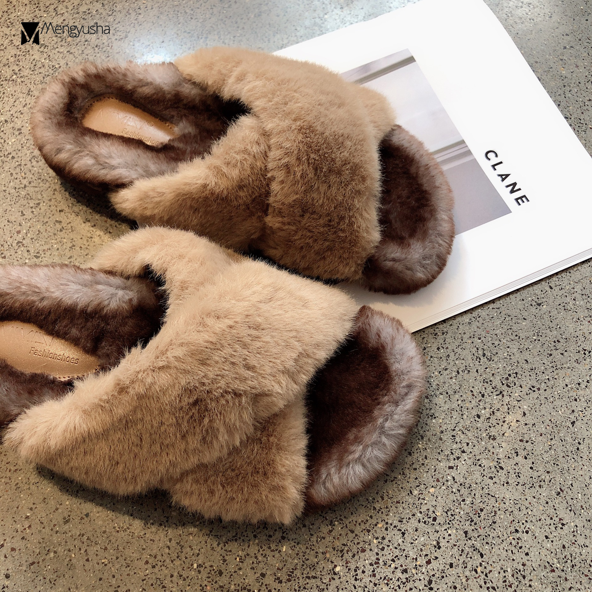 Cross Celebrity Band Fur Slippers Quality Women New Winter Shoes Warm Plush Pantuflas Thicken Soled Mixed Colors Fleeces Slides Mujer