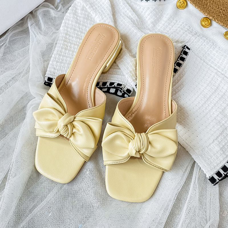 bowknot leather women slippers open toe low heel metal decoration flip ps female yellow bow slides sandalias plus size 43 yel 1a5