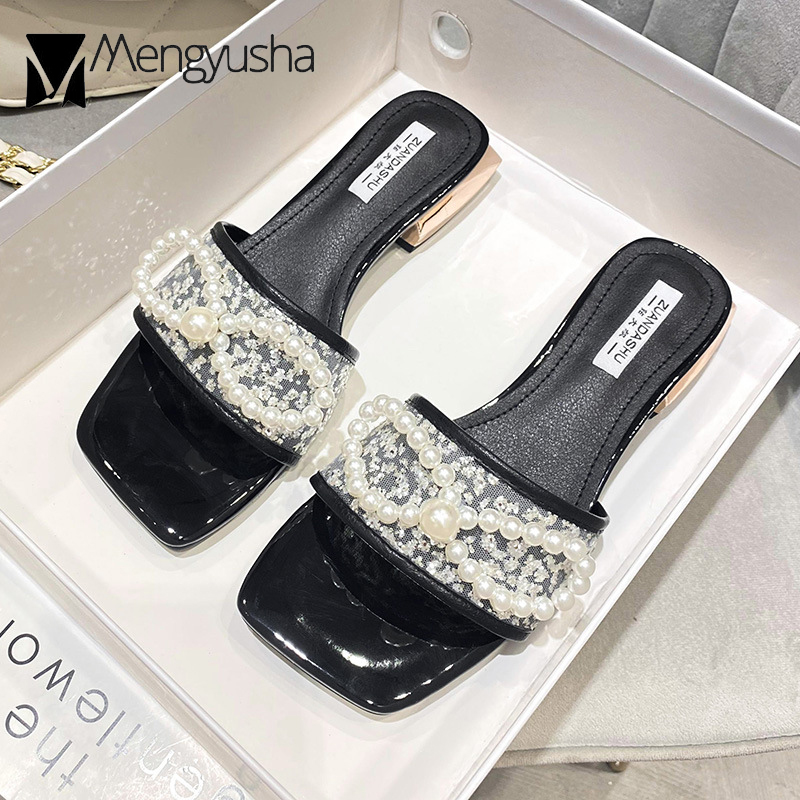 Pearl Brand European Bow Sandals Women String Beaded Slippers Square Low Heel Open Toe Flipps Ladies Beach Slides Shoes Woman