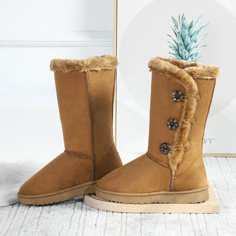 Winter Womens Flat Snow Button Plus Veet Keep Warm Mid Calf for Women Platform Shoes Causal Long Tube Boots 250304