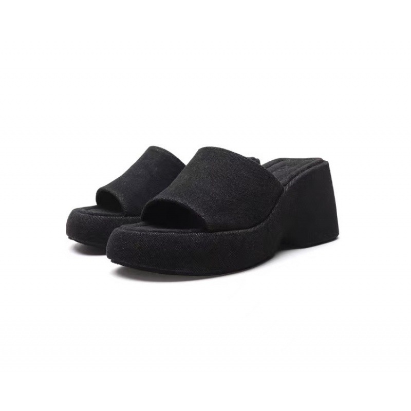 Denim Blue Summer Women Thick Sole High Heeled Slipper Triangle Heel Ladies Party Sandals Shoes Size 35-40