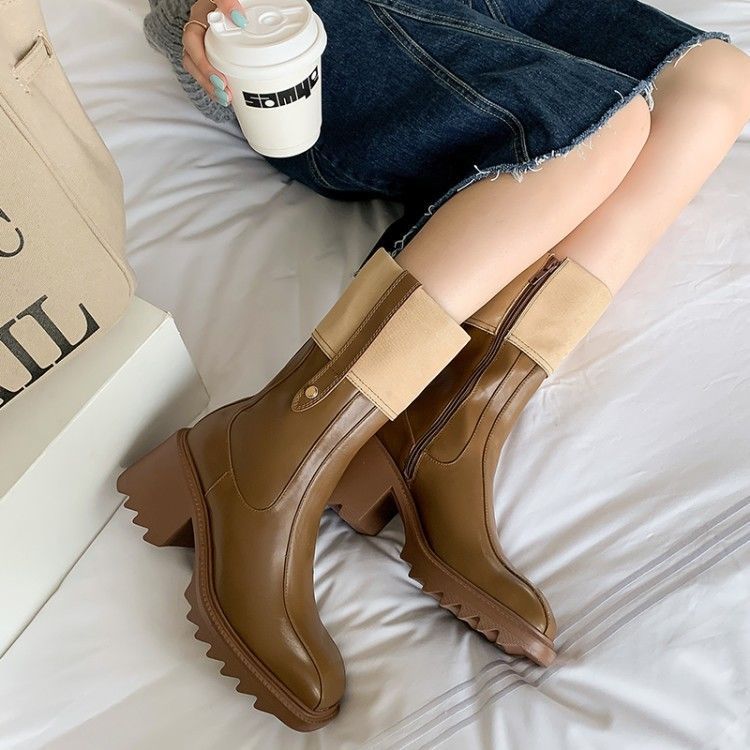 2021Winter Platform Women Chelsea Boots Fashion Black Women Round Toe Ankle Boots Female Chunky Heel Slip On Short Boot Shoes