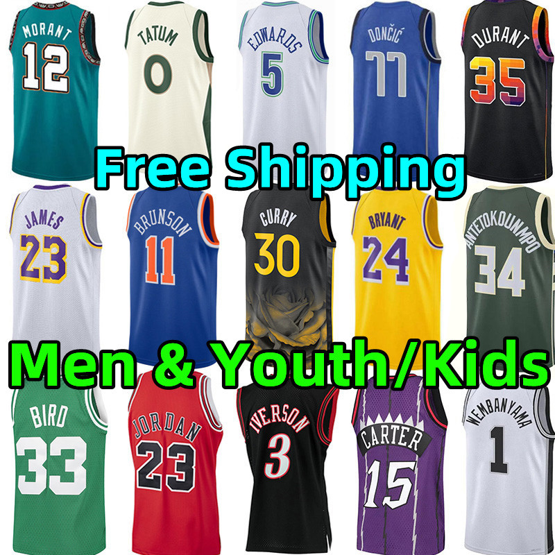 Men Kids Basketball Jerseys Stephen Curry Jalen Brunson Giannis Antetokounmpo James Kevin Durant Jayson Tatum Ja Morant Victor Wembanyama Bryant Luka City jersey
