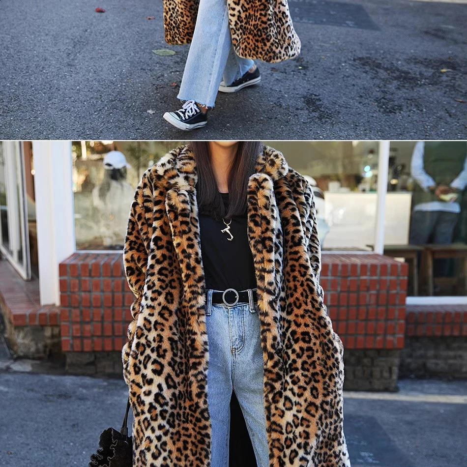 Winter Warm Turn Down Collar Leopard Print Faux Fur Long Coat Tops For Women Jackets Casaco Feminino 240830