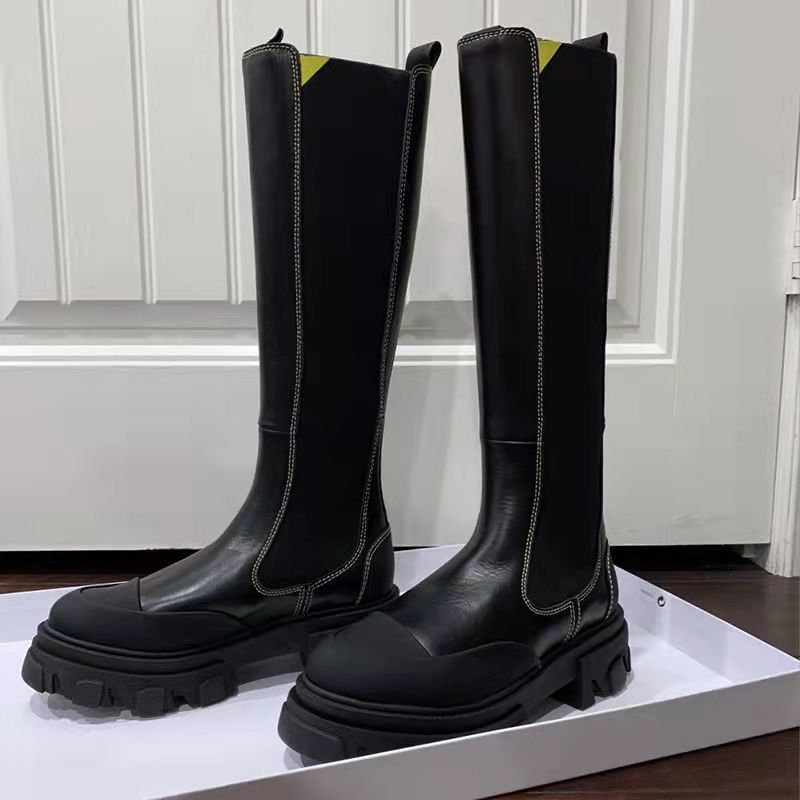 Gothic Platform 2022 Long Women Knee High Shoes Black Mid Calf Round Toe Slip on Riding Boots 7d49