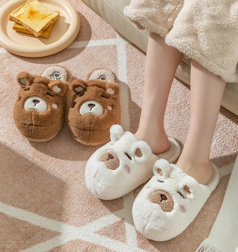 Slippers Cotton Women Men Winter Home Shoes Thick Bottom Non-slip Couples Household Slides Cute Cartoon Bear Warm Plush Slipper