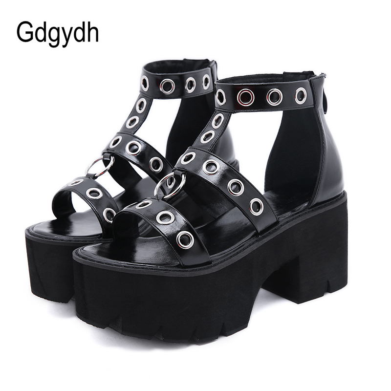 Black Punk Gothic Platform Sandals Open Toe Buckle Strappy Women Summer Shoes Sexy Rivets Thick Heels Footwear Drop Ship