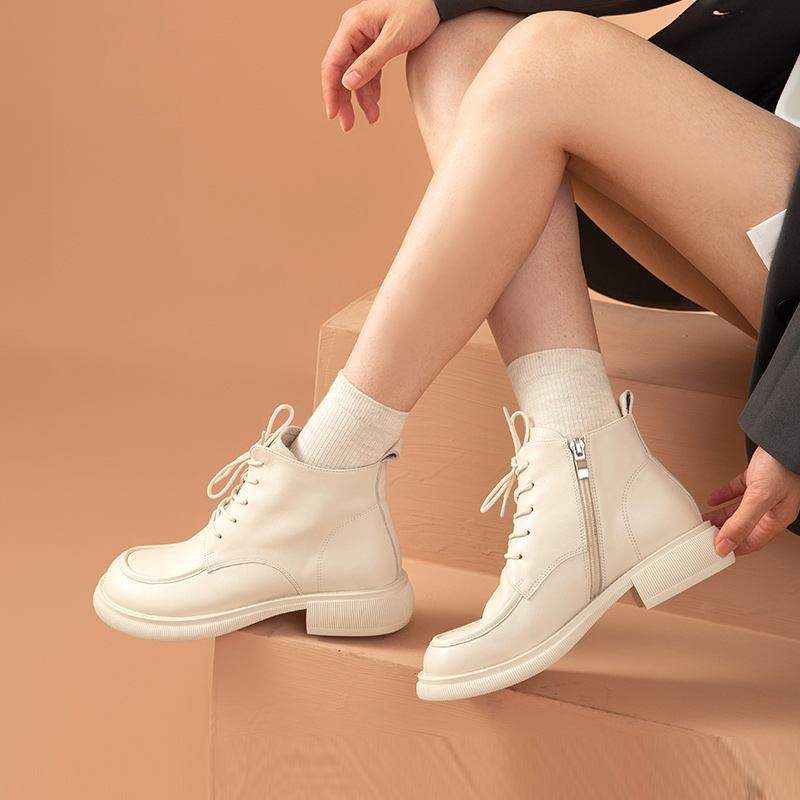 Ankle BeauToday Boots Women Genuine Cow Leather Sewing Round Toe Cross-tied Side Zipper Low Heel Casual Female Shoes 04211 f07e