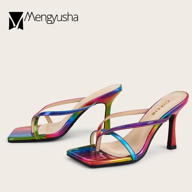 2025 new Size Big 41/42 Rainbow Sandals Woman Clip Toe Shoes Narrow Band Flipps Colorful Slippers Ladies Thin High Heel Slides Catwalk
