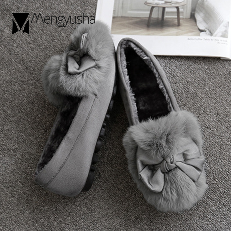 rabbit Butterfly-Knot eb11d flats fur woman winter fleeces moccasins antiskid pregnant shoes women soft bottom cotton loafers female
