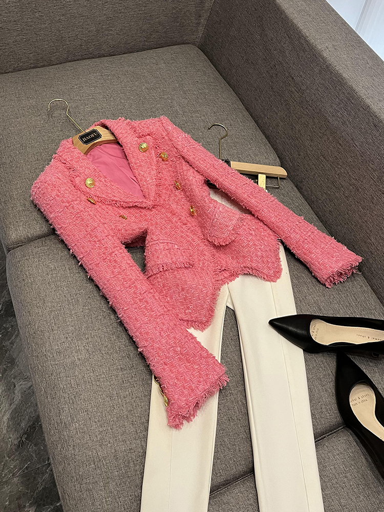 2024 Autumn Pink Solid Color Panelled Tweed Jacket Long Sleeve Notched-Lapel Buttons Double-Breasted Jackets Coat Short Outwear O4S012903