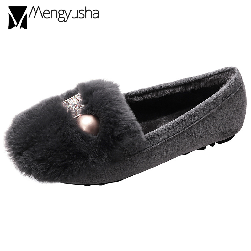 7bcf9 metal round square & decoration rabbit fur flats cotton shoes crystal buckle plush loafers women furry moccasin big size43 ry