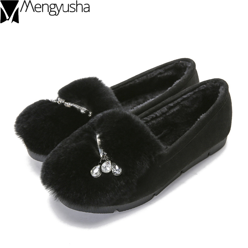 fur rabbit plush Rhie aaa75 shoes winter creepers woman cotton flats glitter crystal comfy loafers solid female metal moccasins