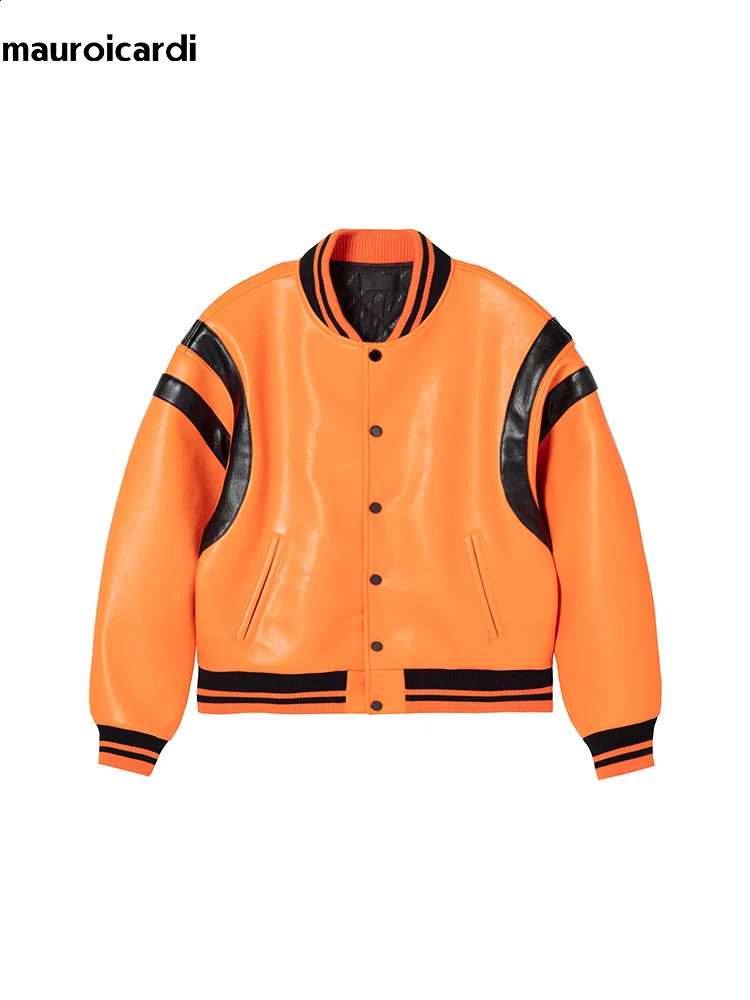 Men's Jackets Mauroicardi Spring Autumn Cool Loose Purple and White Patchwork Pu Leather Bomber Jacket Men Zipper Clothes 240820