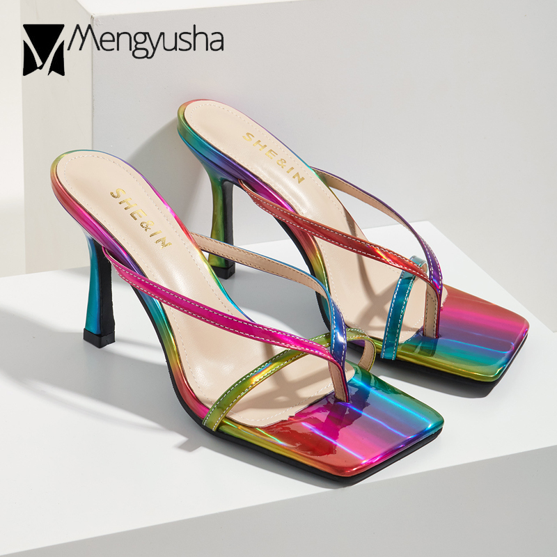 2025 new Size Big 41/42 Rainbow Sandals Woman Clip Toe Shoes Narrow Band Flipps Colorful Slippers Ladies Thin High Heel Slides Catwalk