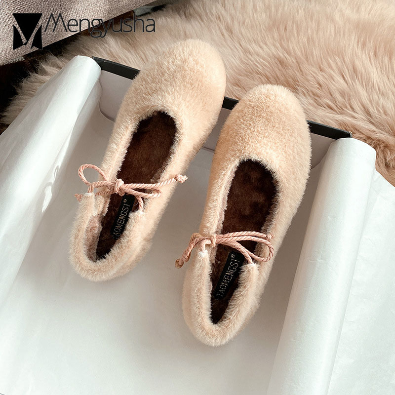 fur bae0a cross-tied round toe moccasins women cozy warm winter cotton ladies soft bottom furry pregnant flat shoes big size 43 ry