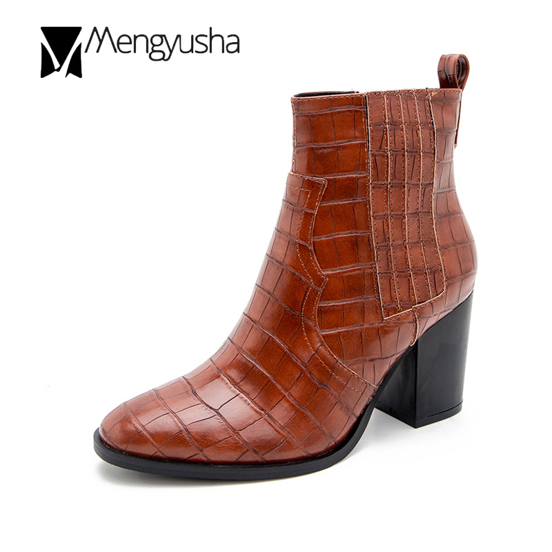 pattern Carving crocodile riding botas mujer zip pointed toe short booties chunky high heels fashion boots women plus size 36-43 4a6f - view 7