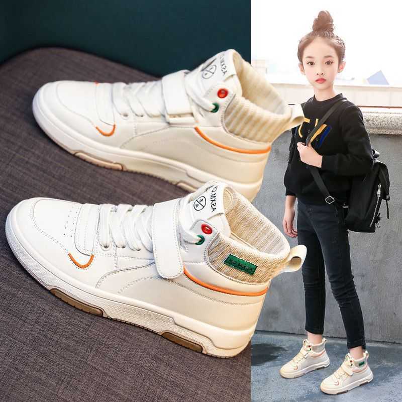 Athletic Outdoor Girls sports 2023 Spring Autumn new style anti slip high top casual board medium and large childrens white shoes H260130