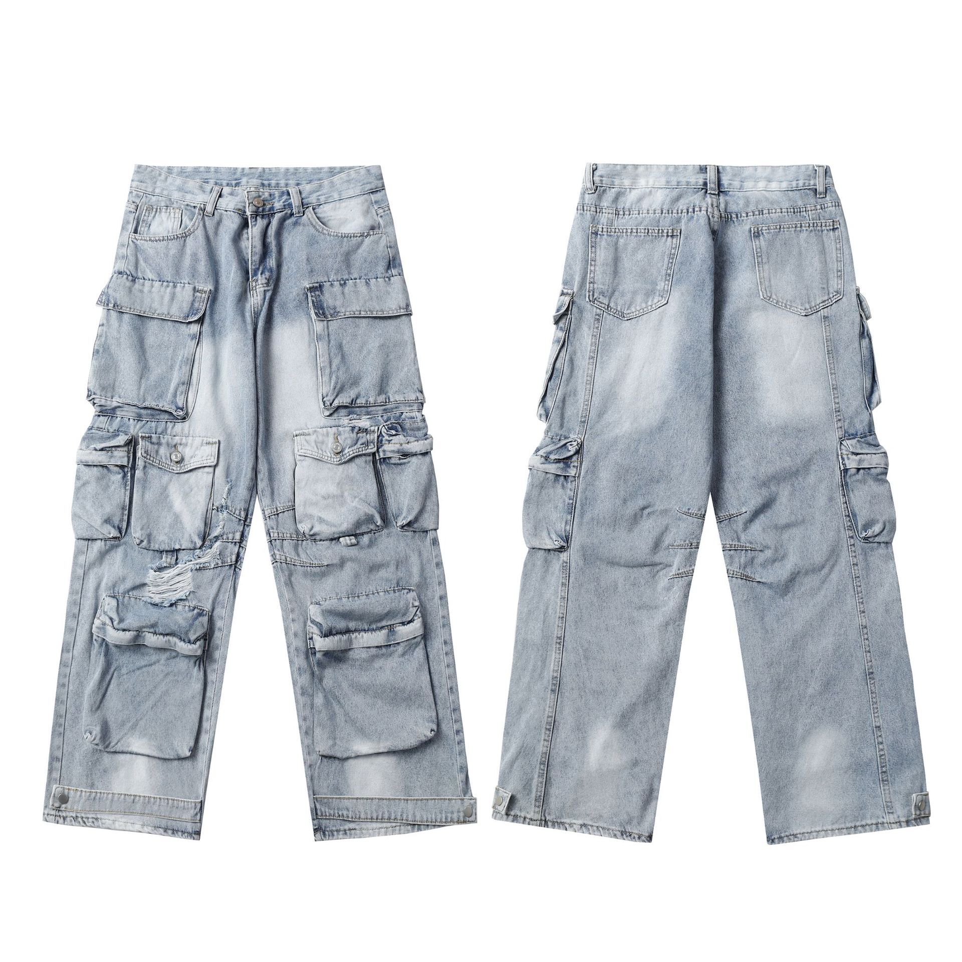 American Street Multi Pocket Punched Work Clothes Jeans Loose Wide Leg Heavy Duty Mens and Womens Pants