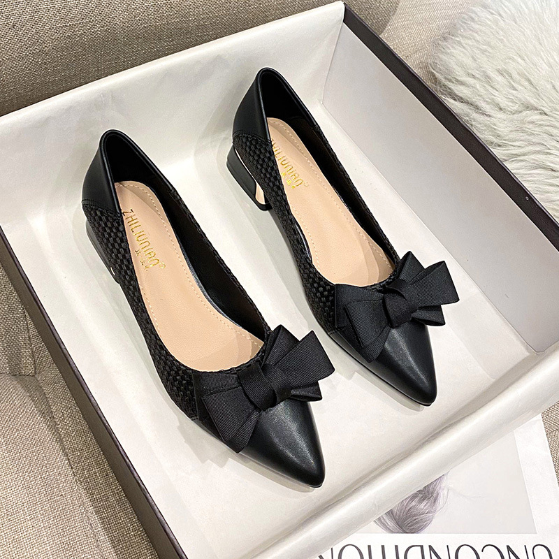 bow pumps women beb0a wer brand designer knitting med-high hees OL shoes pointy leather patchwork tacones mujer big size 43