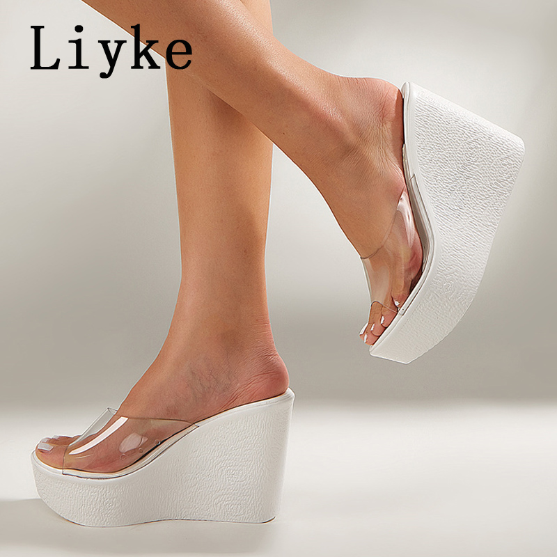 Liyke PVC Transparent Wedges Shoes For Women Summer Fashion Open Toe Platform High Heels Slippers Female Clear Sandals Size 41