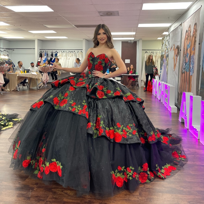 Black Mexican Princess Quinceanera Dresses Off The Shoulder Floral Embroidery Tull Corset Lace-up vestido 15 anos quinceanera Sweet 16 Dress