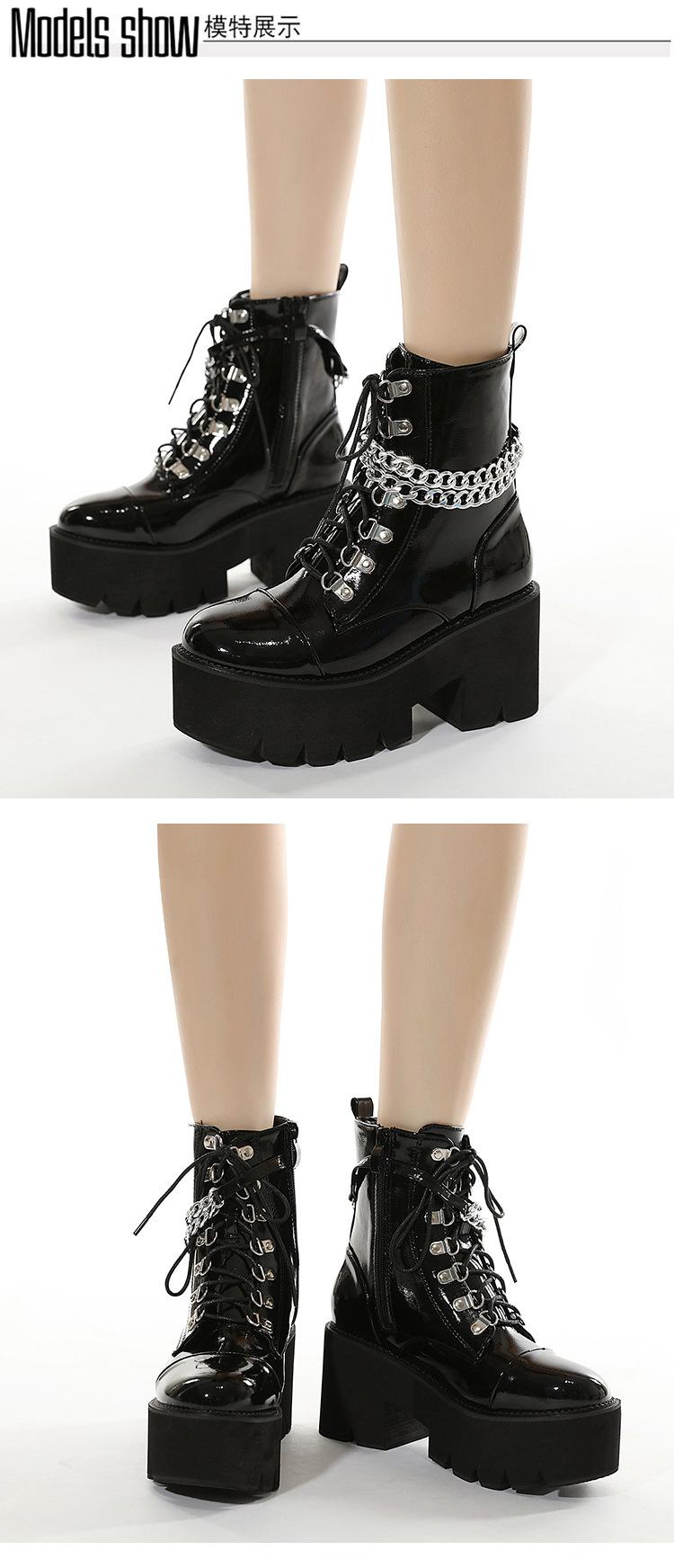 New Sexy Chain Women Leather Autumn Boots Block Heel Gothic Black Punk Style Platform Shoes Female Footwear Patent leather