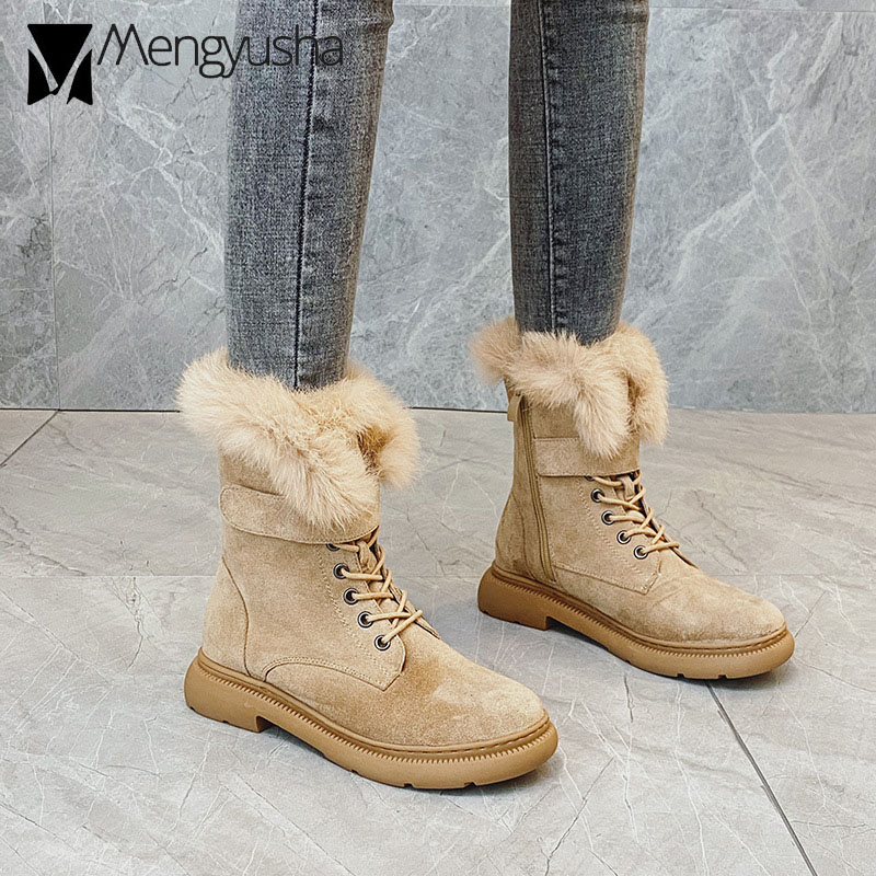 rabbit fur 2023 snow boots women suede leather thicken plush winter booties cotton shoes woman furry ankle botas big size 43 23ae ry