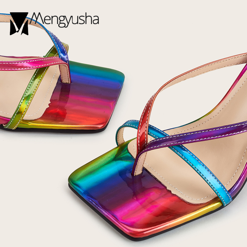 2025 new Size Big 41/42 Rainbow Sandals Woman Clip Toe Shoes Narrow Band Flipps Colorful Slippers Ladies Thin High Heel Slides Catwalk