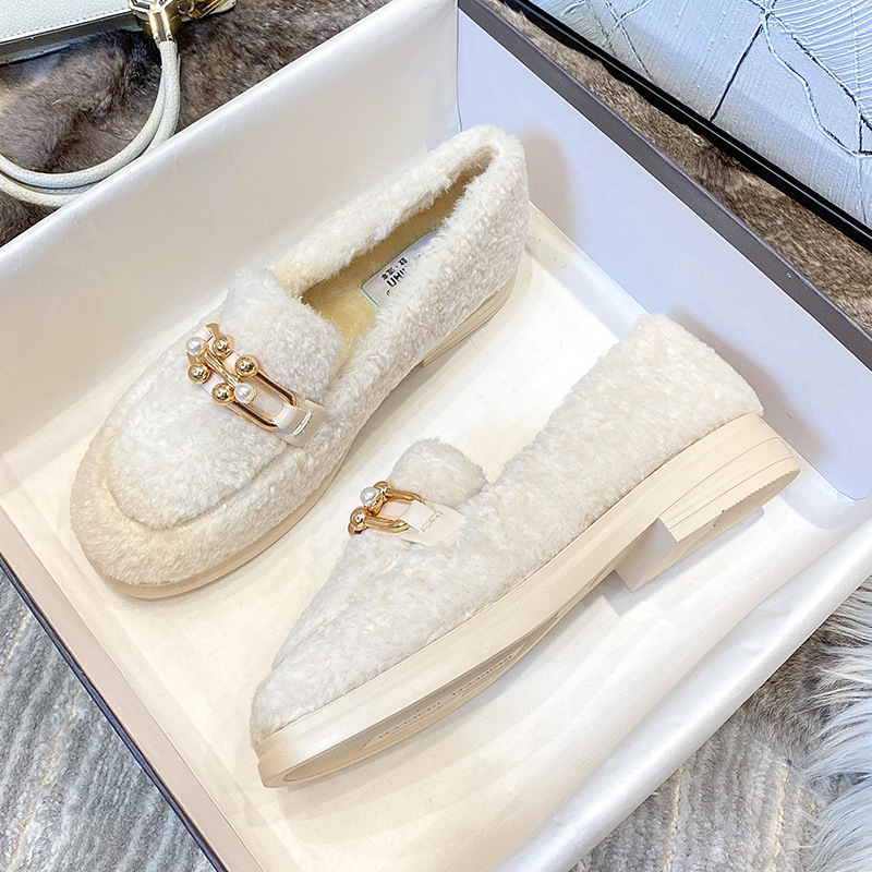 fur metal buckle 391ae decoraton flat shoes woman 2023 new designer lambfur loafers pearl pandent square toe plush mules women flats lamb s