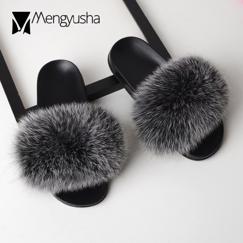 mixed color fox fur slippers women 100% real fur flip flops soft plush sandals women multi color natural fur house slides c510