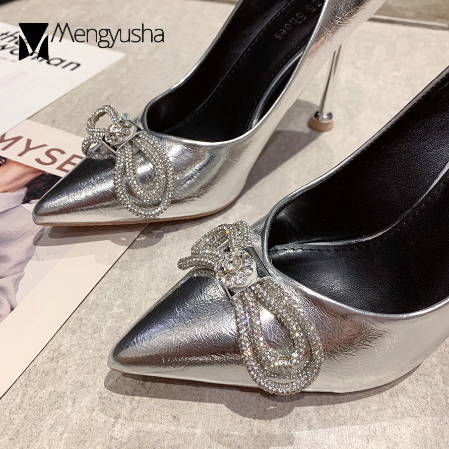 pumps ff650 New Woman Sier/gun color crystal bow-knot shiny leather tacones slip on pointed toe stiletto high heels shoes for women