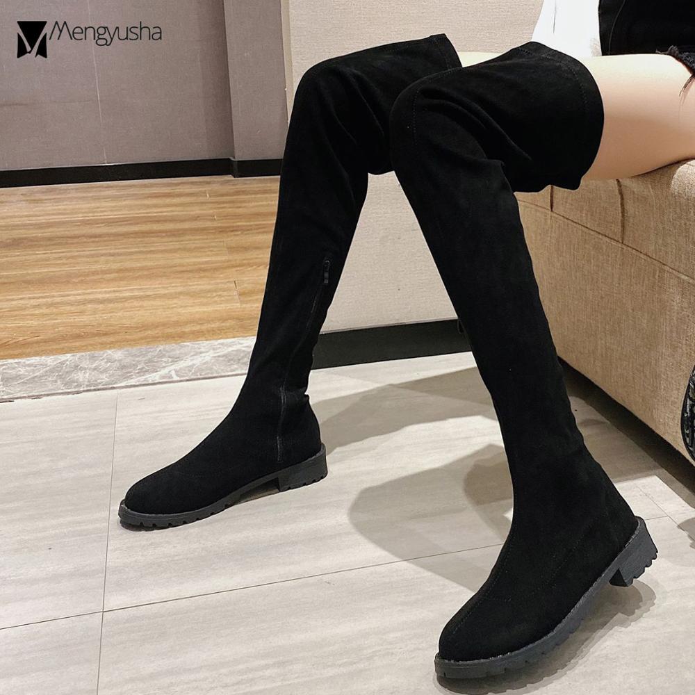 over the leather/suede knee boots women autumn winter low heel thigh high booties 35-43 big size long slim stovepipe botas 146b