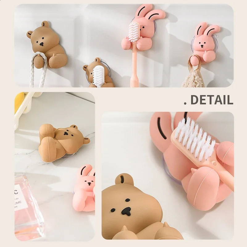 Cartoon Rabbit Bear Toothbrush Holder Wall-mounted Suction Cup Silicone Hook Sundries Storage Rack for Bathroom Accessories 240902