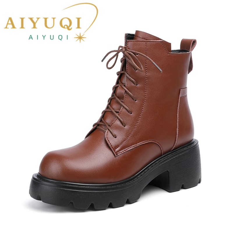 AIYUQI Women Boots High-heel 2024 New Genuine Leather Short Boots Women British Style Wool Warm Winter Women Ankle Boots