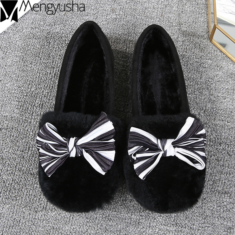 sizes Plus 6c4da 42 41 woman cotton shoes winter rabbit fur plush flats striped bowknot creepers comfy loafers casual female moccasins